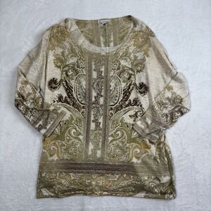Y2K Dressbarn Beige Print Floral Embellished Long Sleeve Blouse Top Women's Larg